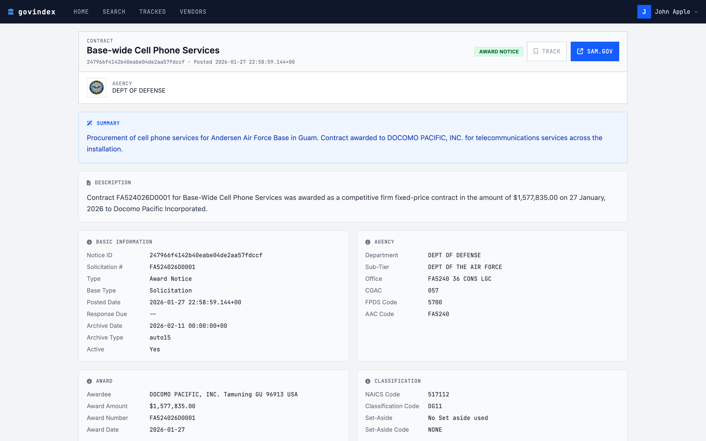 GovIndex contract detail page showing full contract information