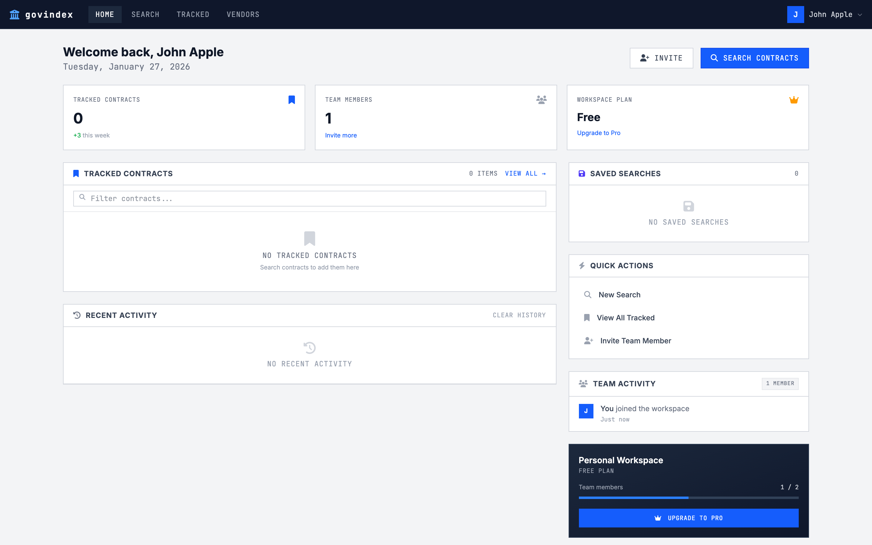 GovIndex dashboard showing tracked contracts and team activity