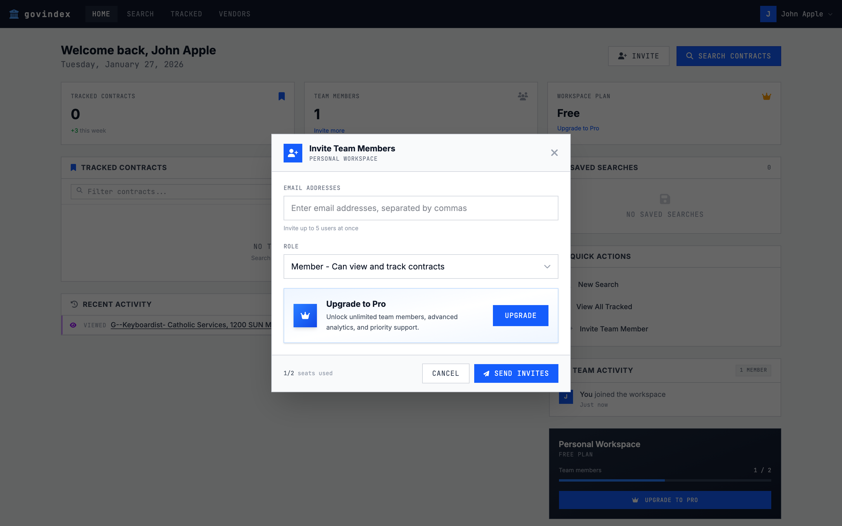 GovIndex team invitation modal